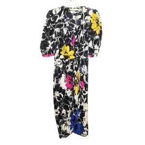 Vintage Jerri Sherman Bold Graphic Floral Print Silk Dress Black White Midi